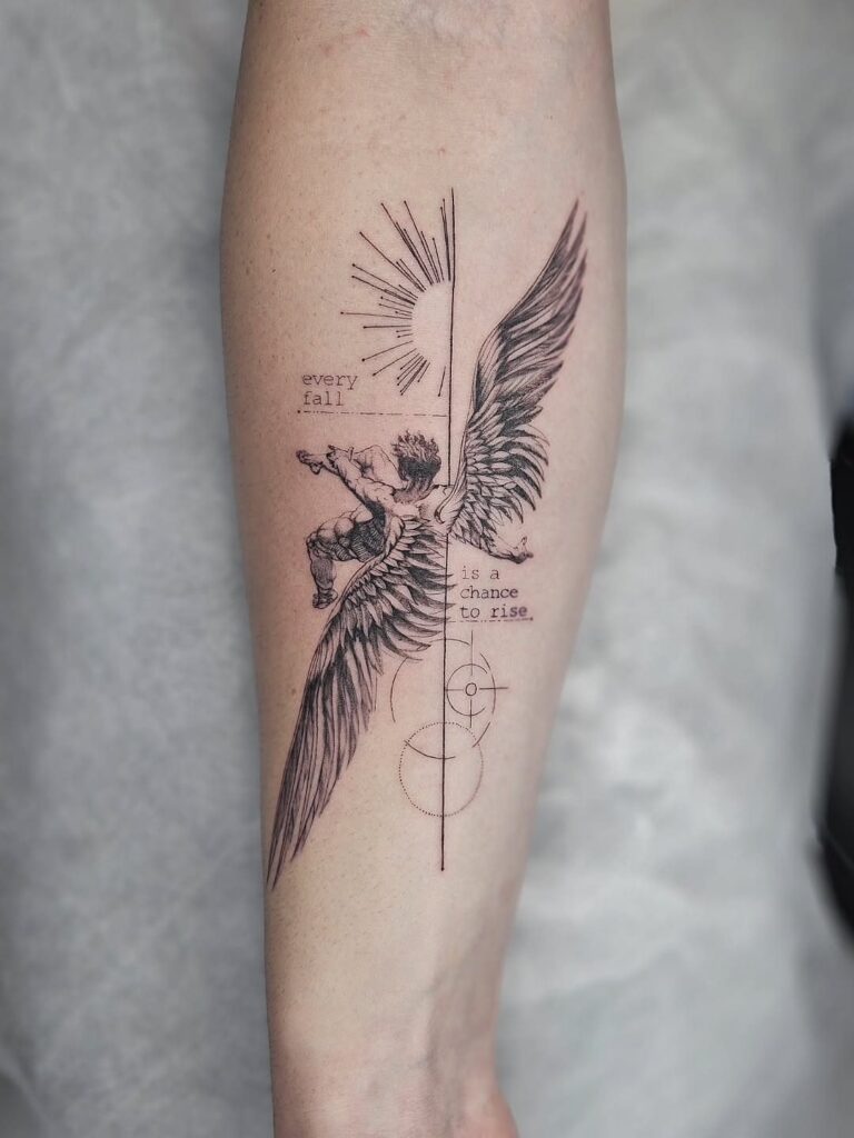 Angel tattoo on a forearm with geometric lines and a sunburst design