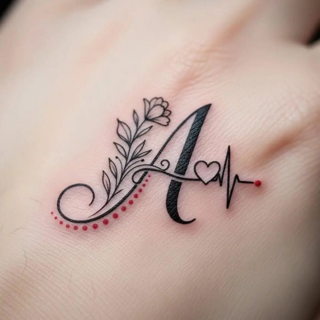 Stylized letter A tattoo with a flower and heartbeat line on skin