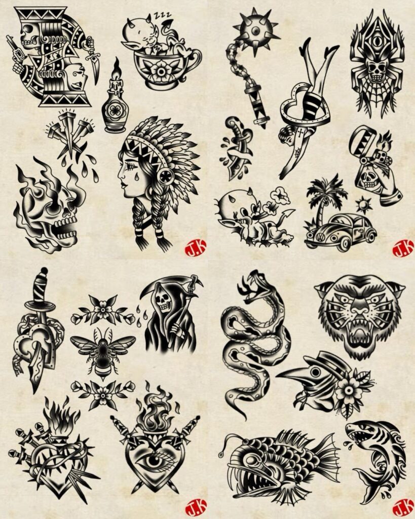 Various black ink tattoo flash designs including a tiger, snake, and skull.