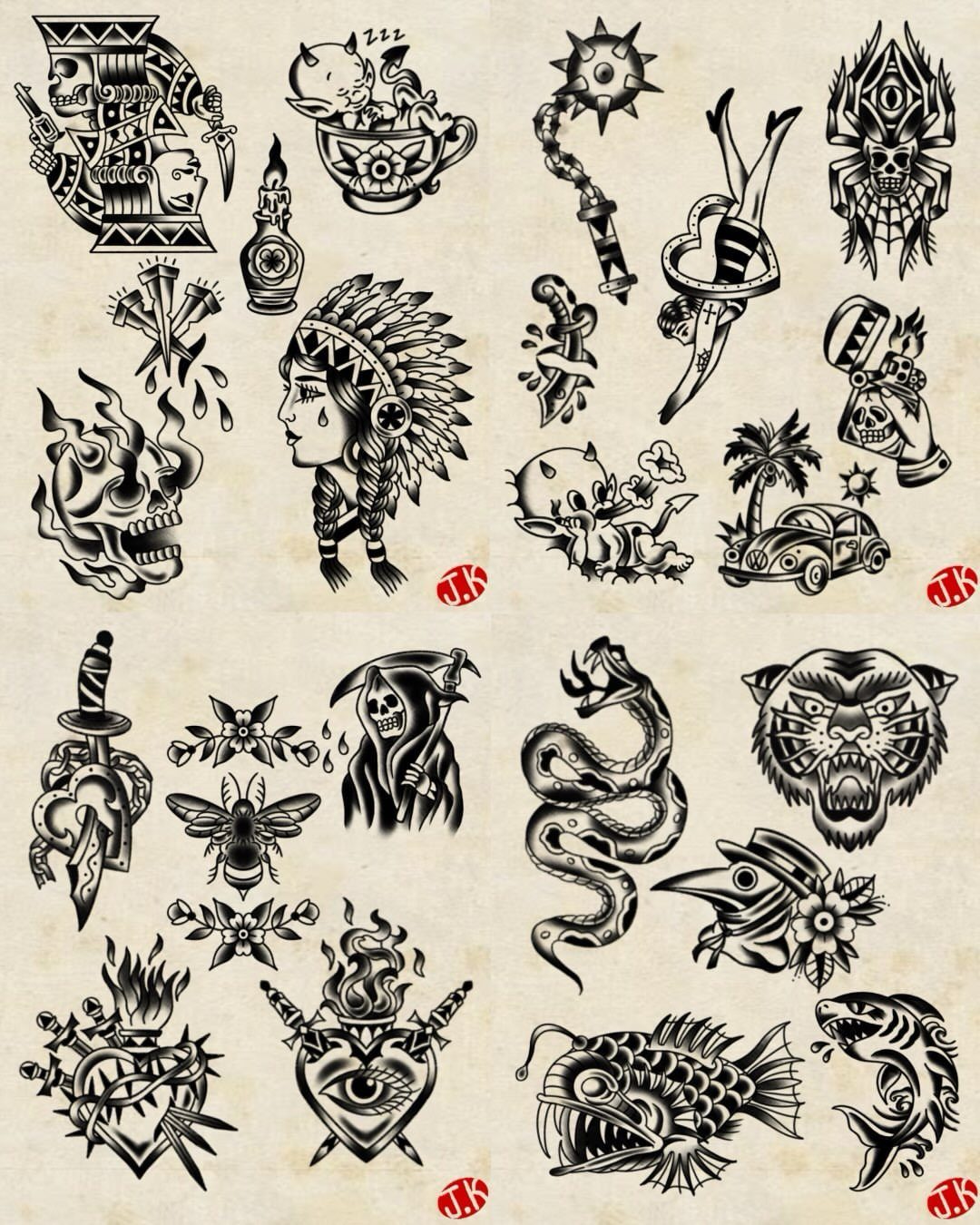 Various black ink tattoo flash designs including a tiger, snake, and skull.