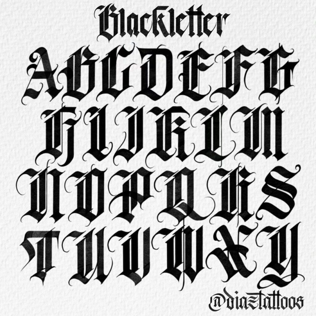 Gothic blackletter alphabet letters displayed in a grid on a white background