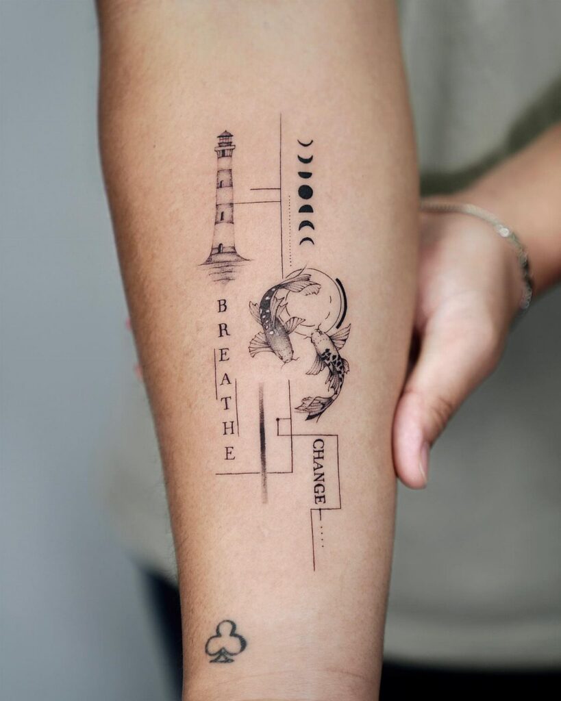 Forearm tattoo featuring a lighthouse, koi fish, and moon phases with geometric lines.