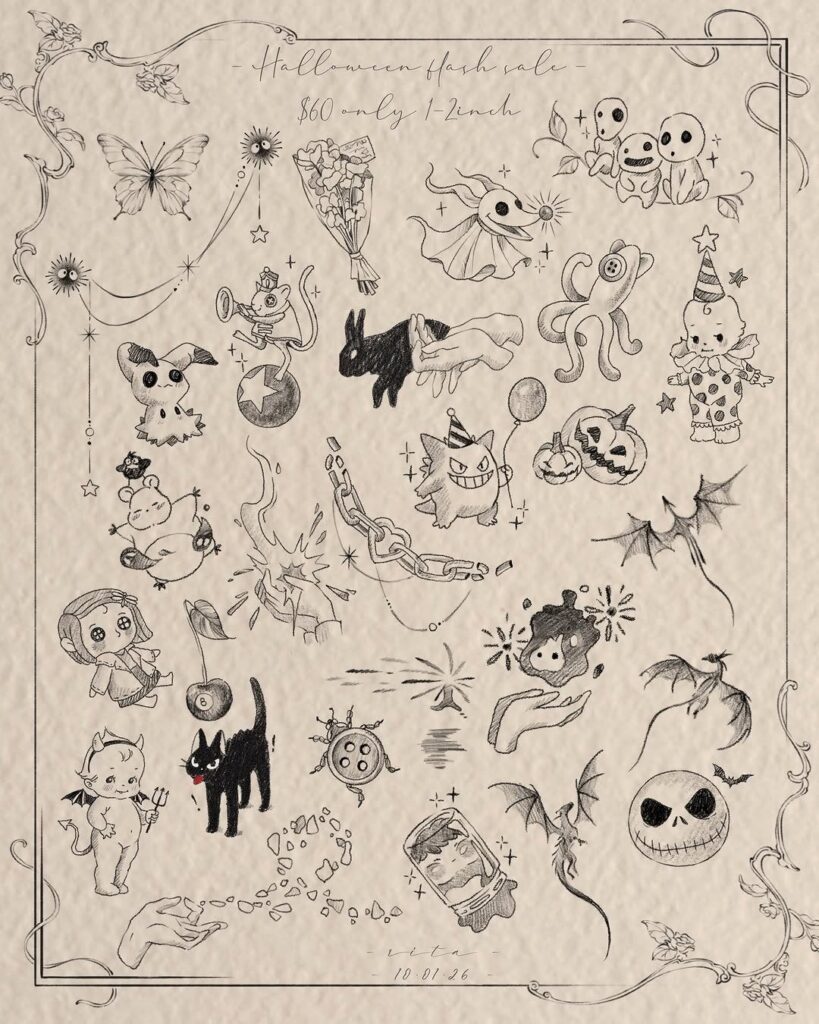Halloween tattoo flash sheet featuring black ink sketches of spooky creatures on parchment.