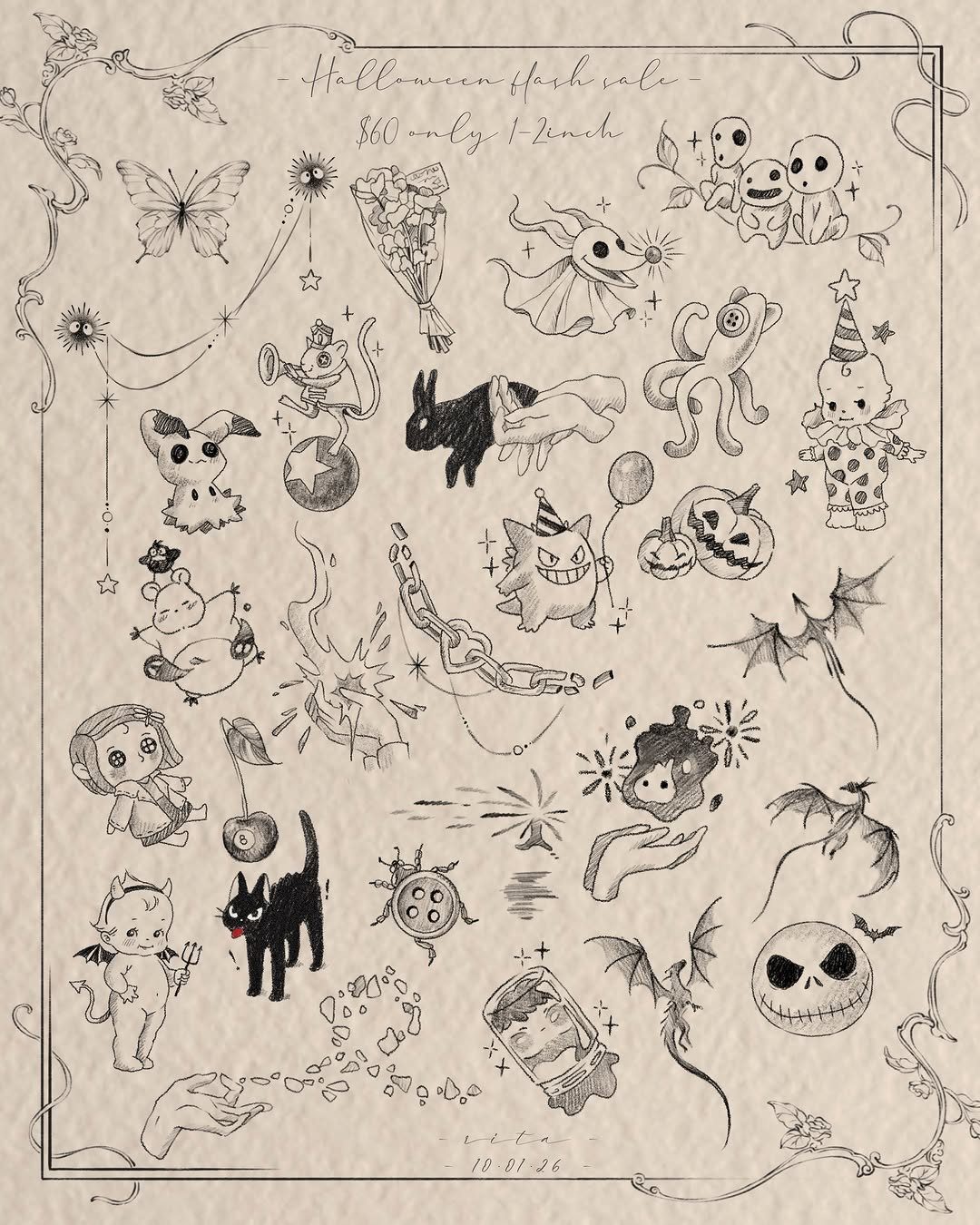 Halloween tattoo flash sheet featuring black ink sketches of spooky creatures on parchment.