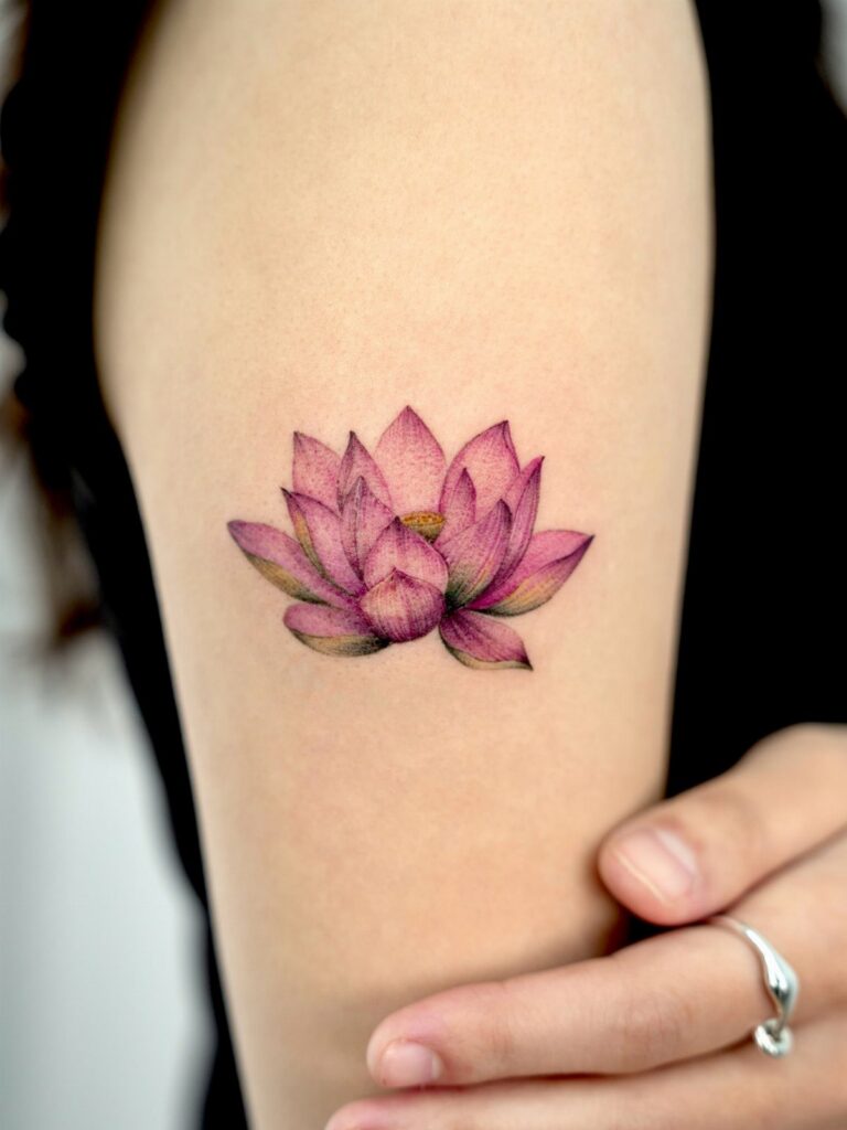 Pink and purple lotus flower tattoo on a person's upper arm.