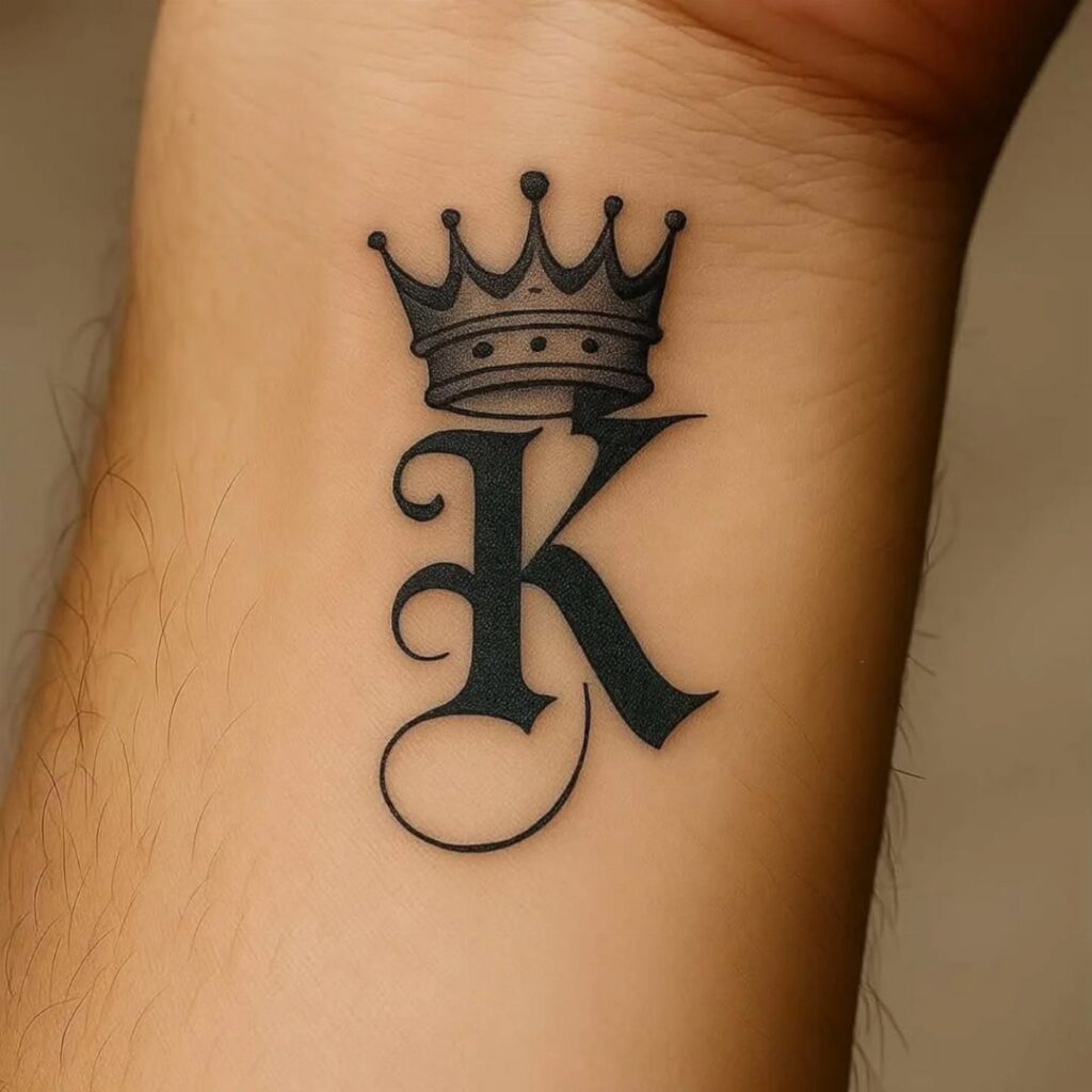 Black ink tattoo of a stylized letter K with a crown on a wrist