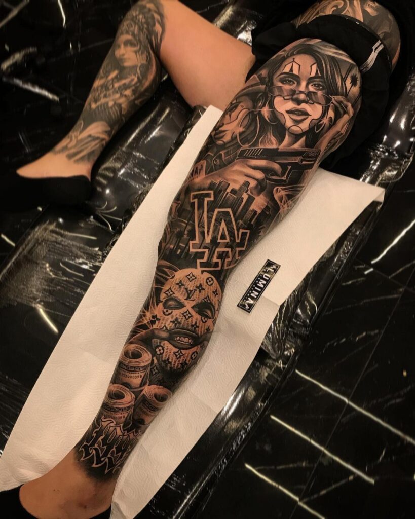 Black and grey chicano style tattoo sleeve on a leg featuring a woman and skull