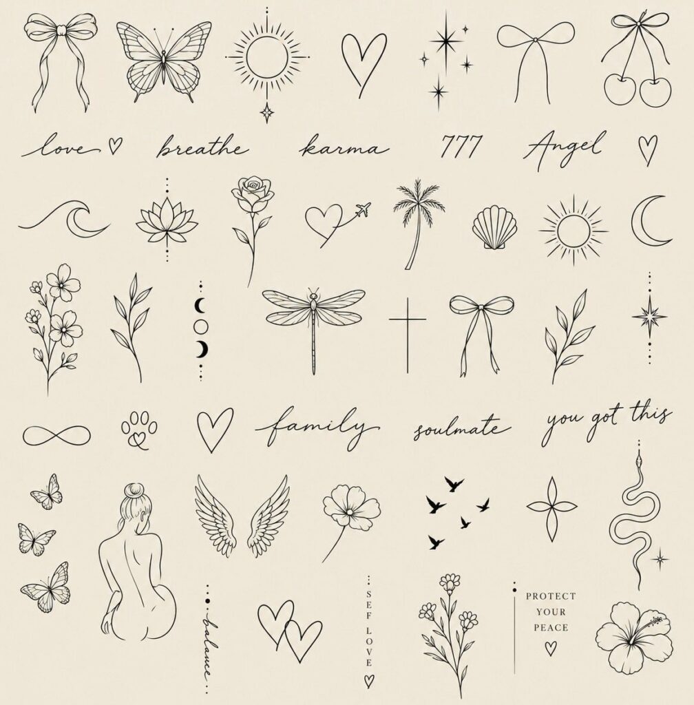 Collection of small black line-art tattoo designs on a beige background.