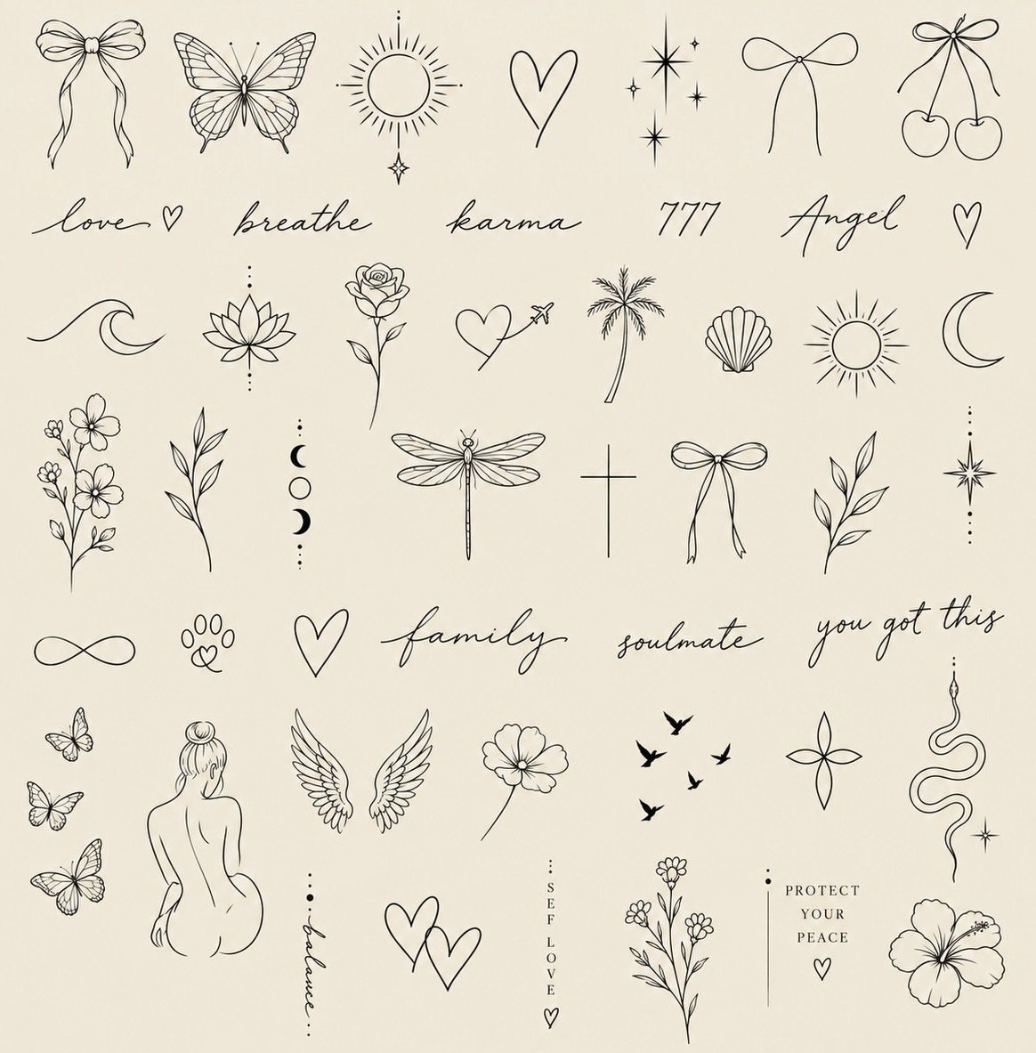 Collection of small black line-art tattoo designs on a beige background.