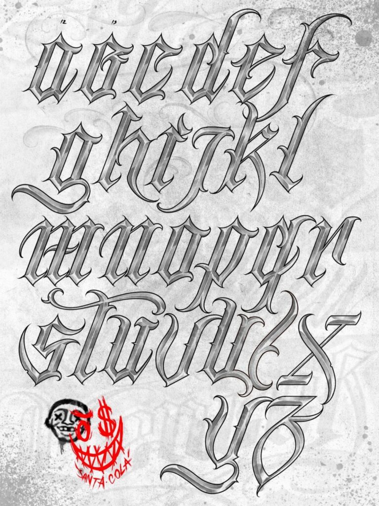 Gothic tattoo lettering alphabet displayed in grey and white on a textured background.