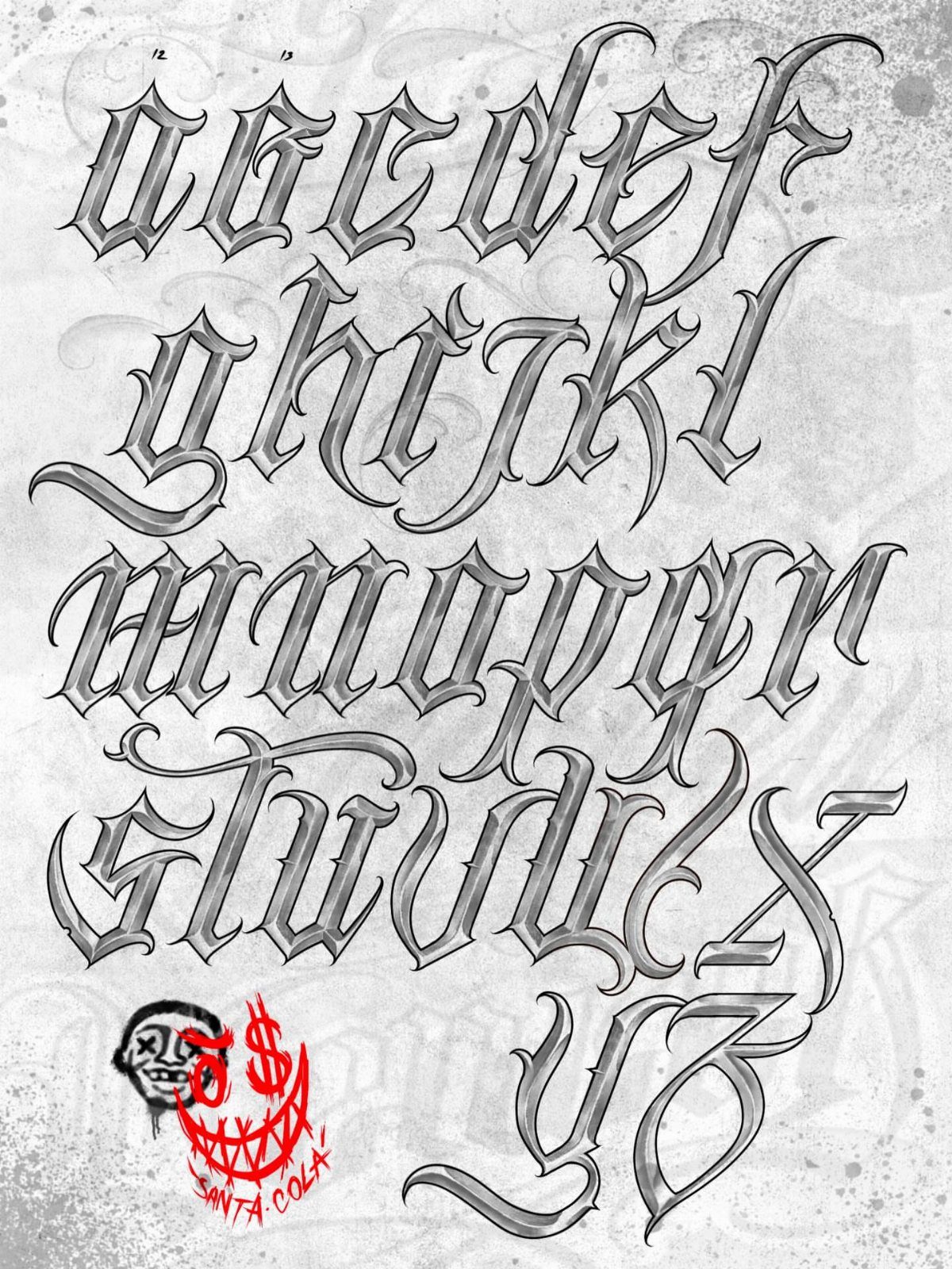 Gothic tattoo lettering alphabet displayed in grey and white on a textured background.