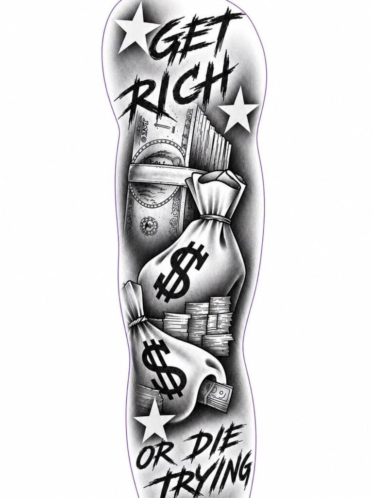 Tattoo design with stylized lettering and money bags on a person's arm