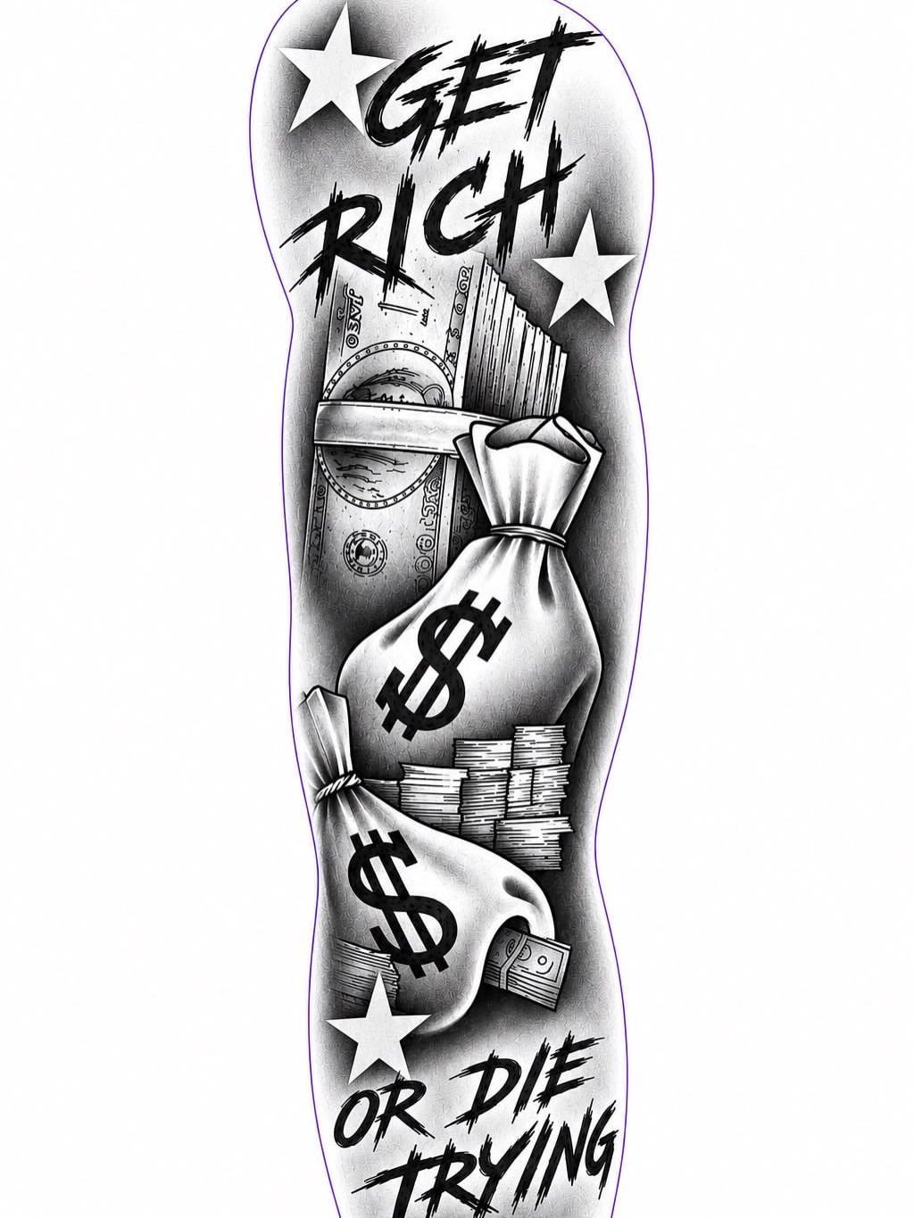Tattoo design with stylized lettering and money bags on a person's arm