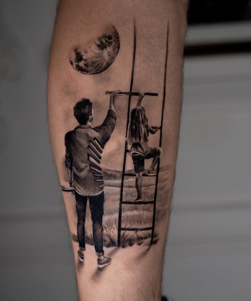 Black and grey tattoo of a father helping his daughter climb a ladder.