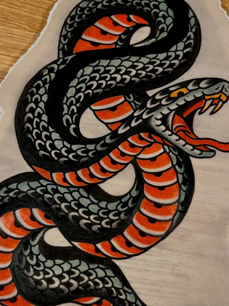 Coiled snake tattoo design with bold black outlines and red striped belly.